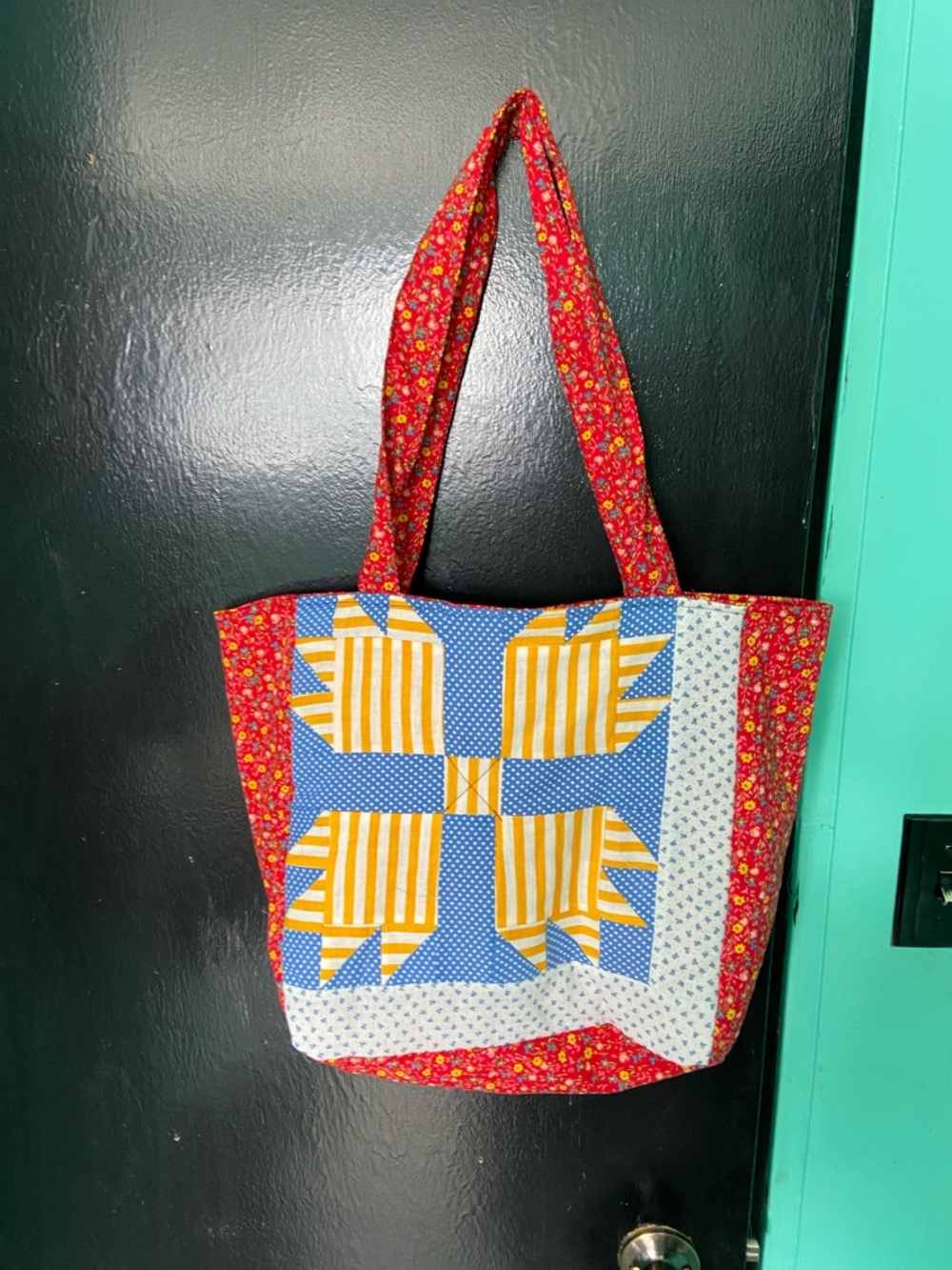 Handmade Quilted Tote Bag in Red, Blue & Yellow